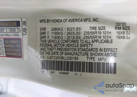 2020 Acura Rdx Standard from USA, damaged, VIN 5J8TC2H36LL030185